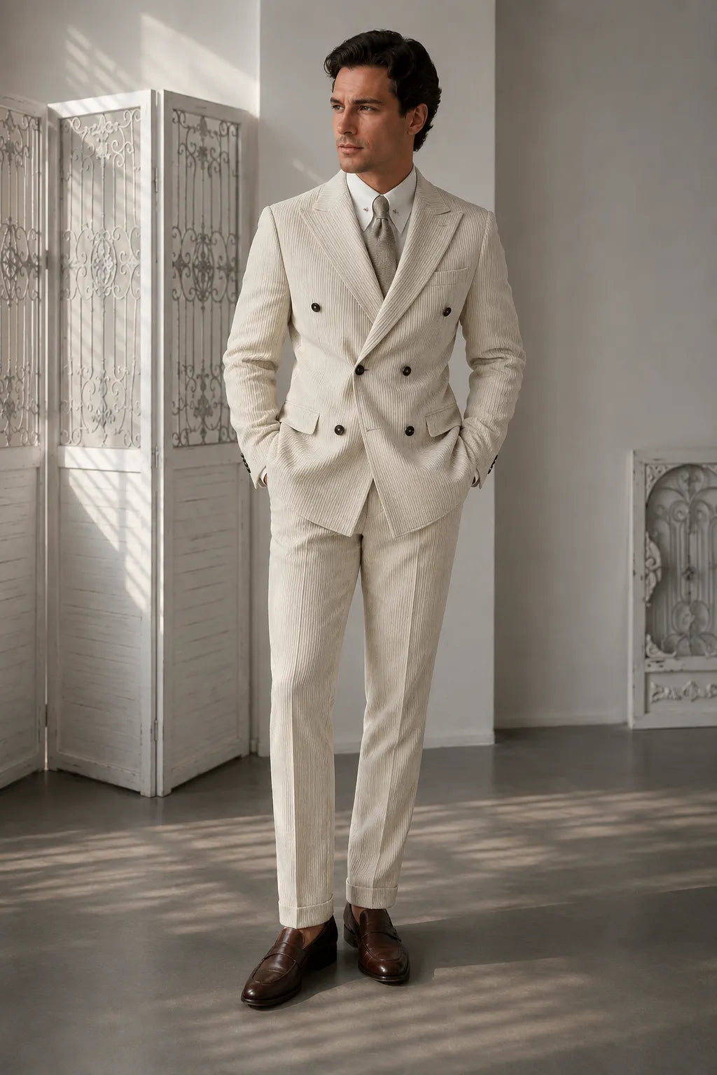 Men's Cream Corduroy Pinstripe Double Breasted 2 Piece Suit