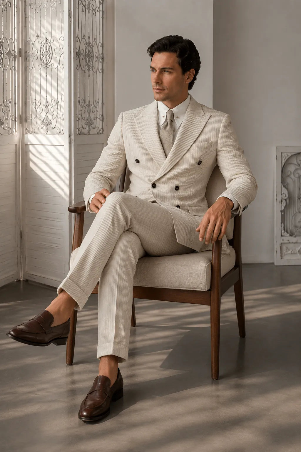 Men's Cream Corduroy Pinstripe Double Breasted 2 Piece Suit