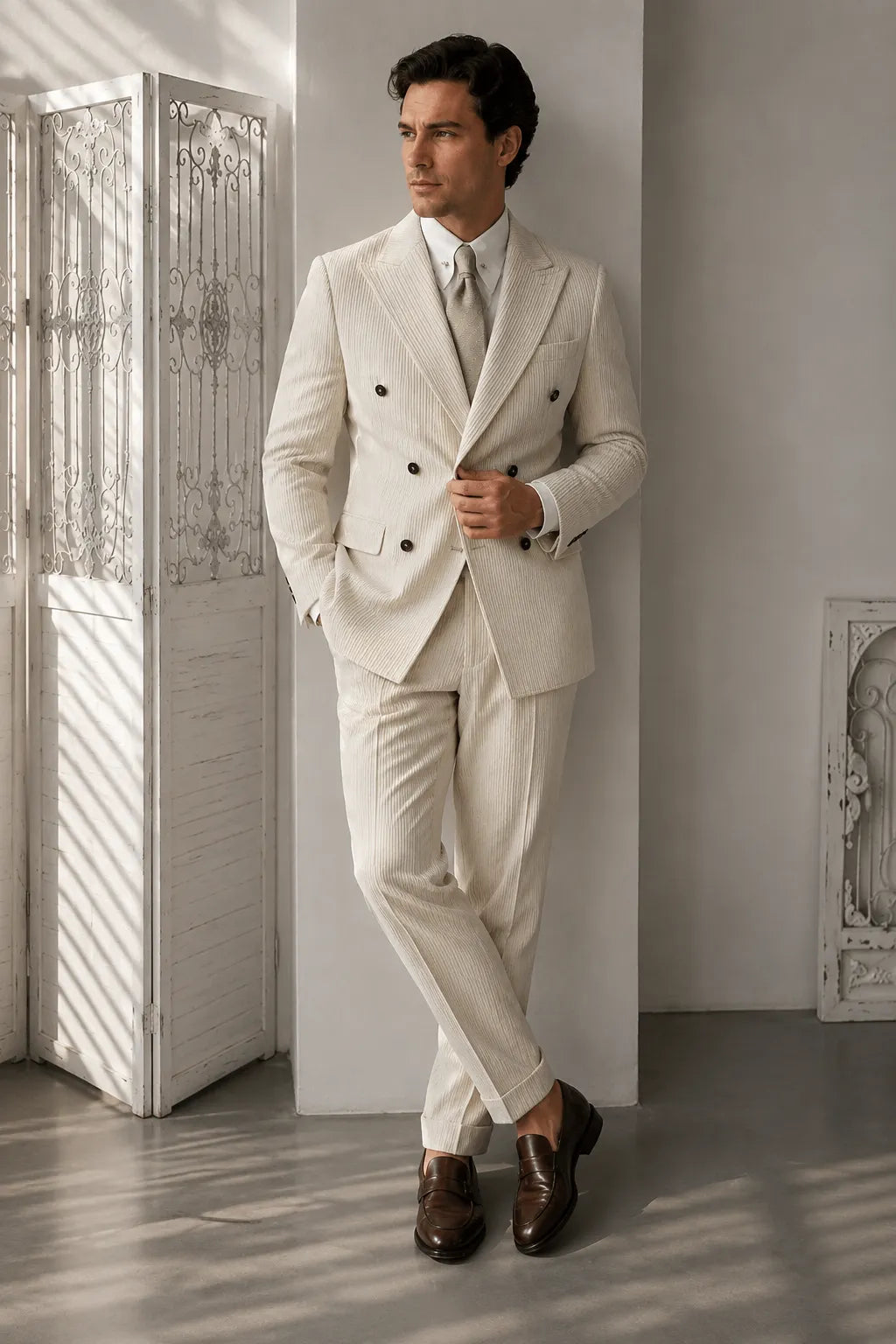 Men's Cream Corduroy Pinstripe Double Breasted 2 Piece Suit