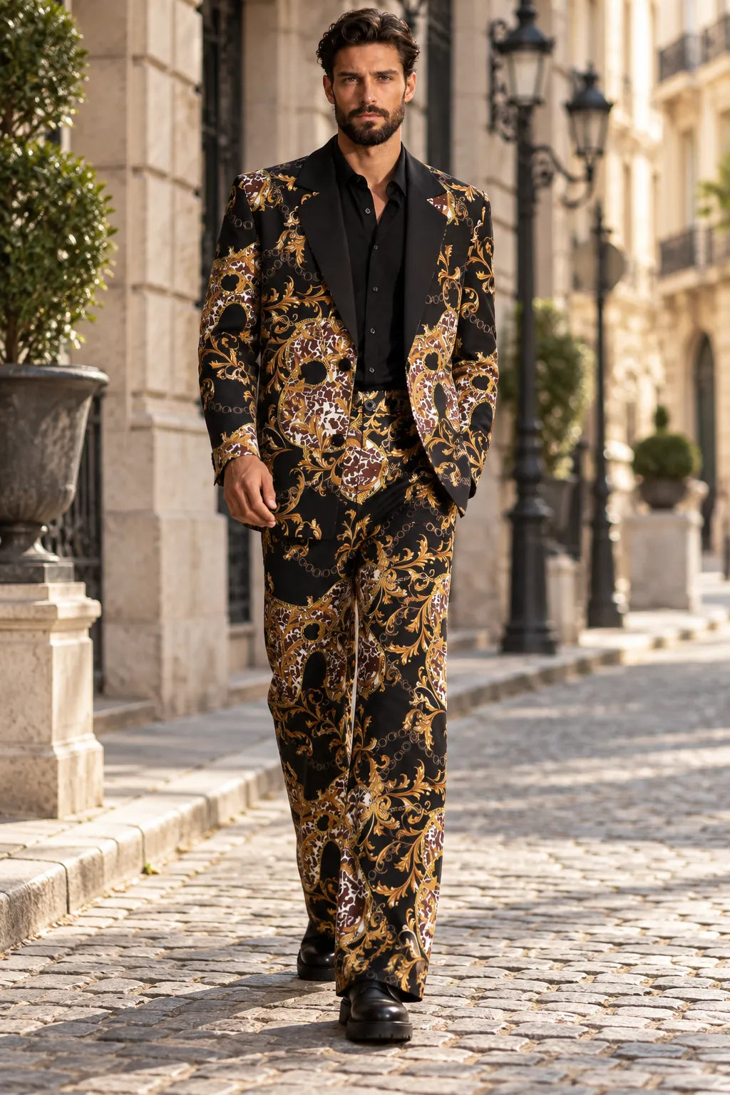 Men's Gold Jacquard Baroque 2 Piece Tuxedo Suit