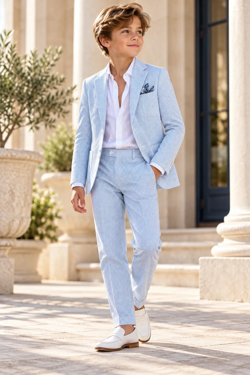 Boys Seersucker Striped Tuxedo 2 Piece Suit