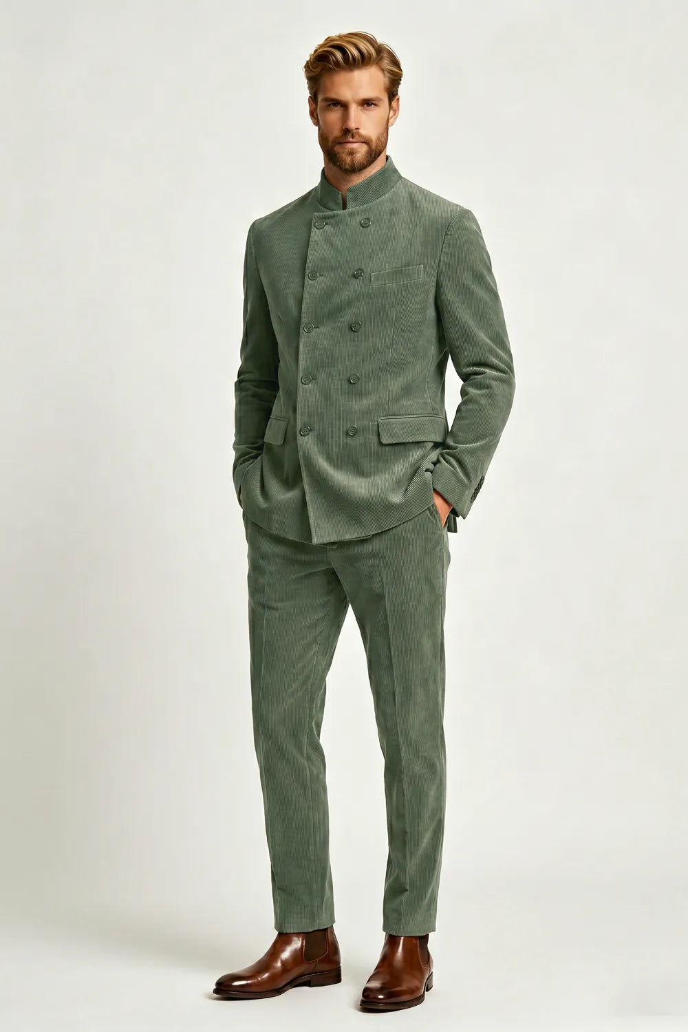 Men's Double Breasted Corduroy 2 Piece Suit