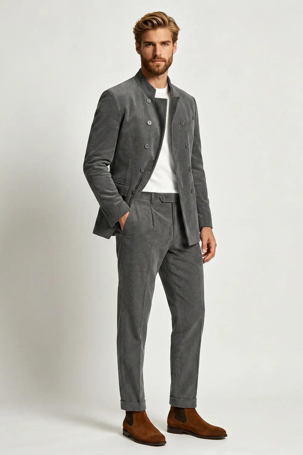 Men's Double Breasted Corduroy 2 Piece Suit