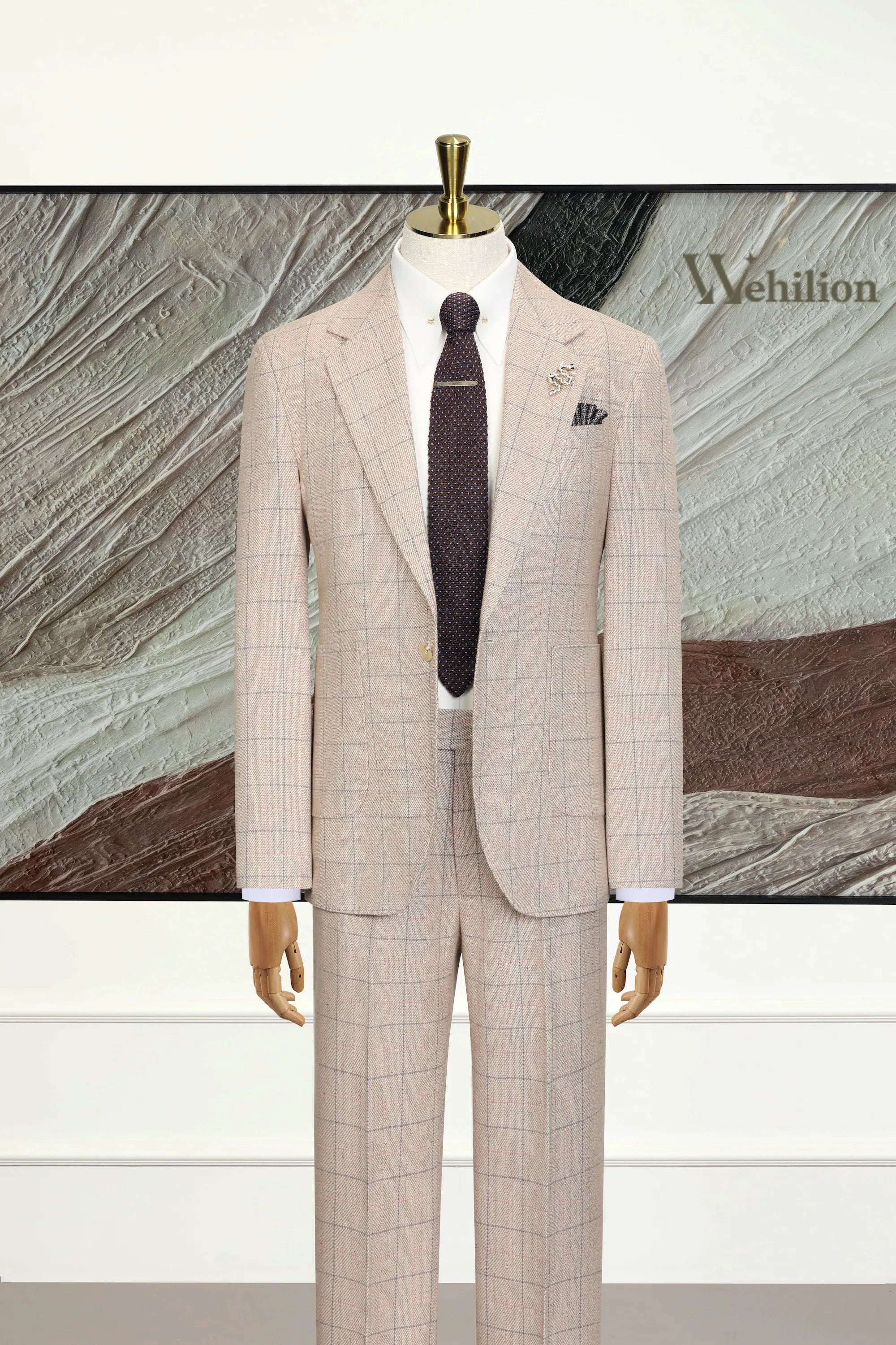 Men's Elegant Beige Plaid 2 Piece Suits