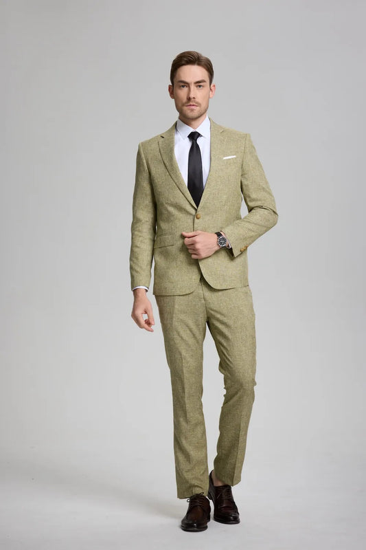 front view of men's green lightweight casual 2-piece suit, featuring a blazer and trousers, ideal for work and formal events.