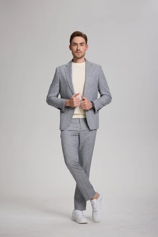 front view of men's grey lightweight casual slim fit 2-piece suit featuring a notch lapel blazer and matching trousers, perfect for smart-casual events.