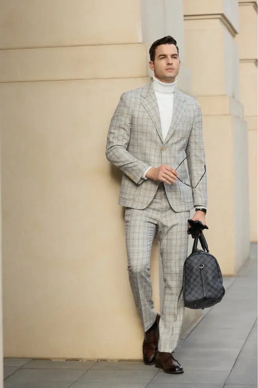 front view of men's grey plaid summer suit – lightweight blazer with modern tailored fit, perfect for business and professional settings