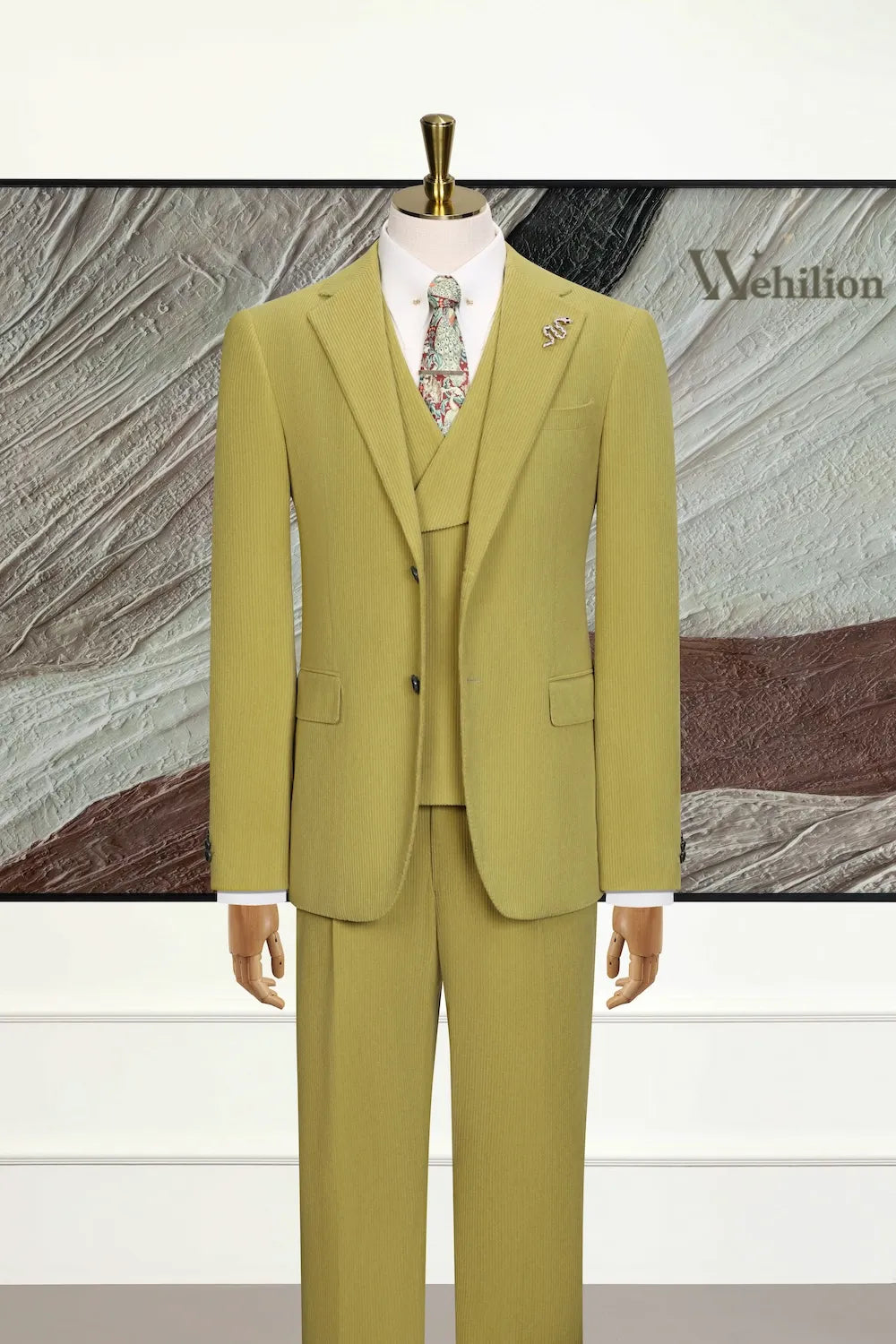 Men's Green Stylish Corduroy 3 Piece Suit