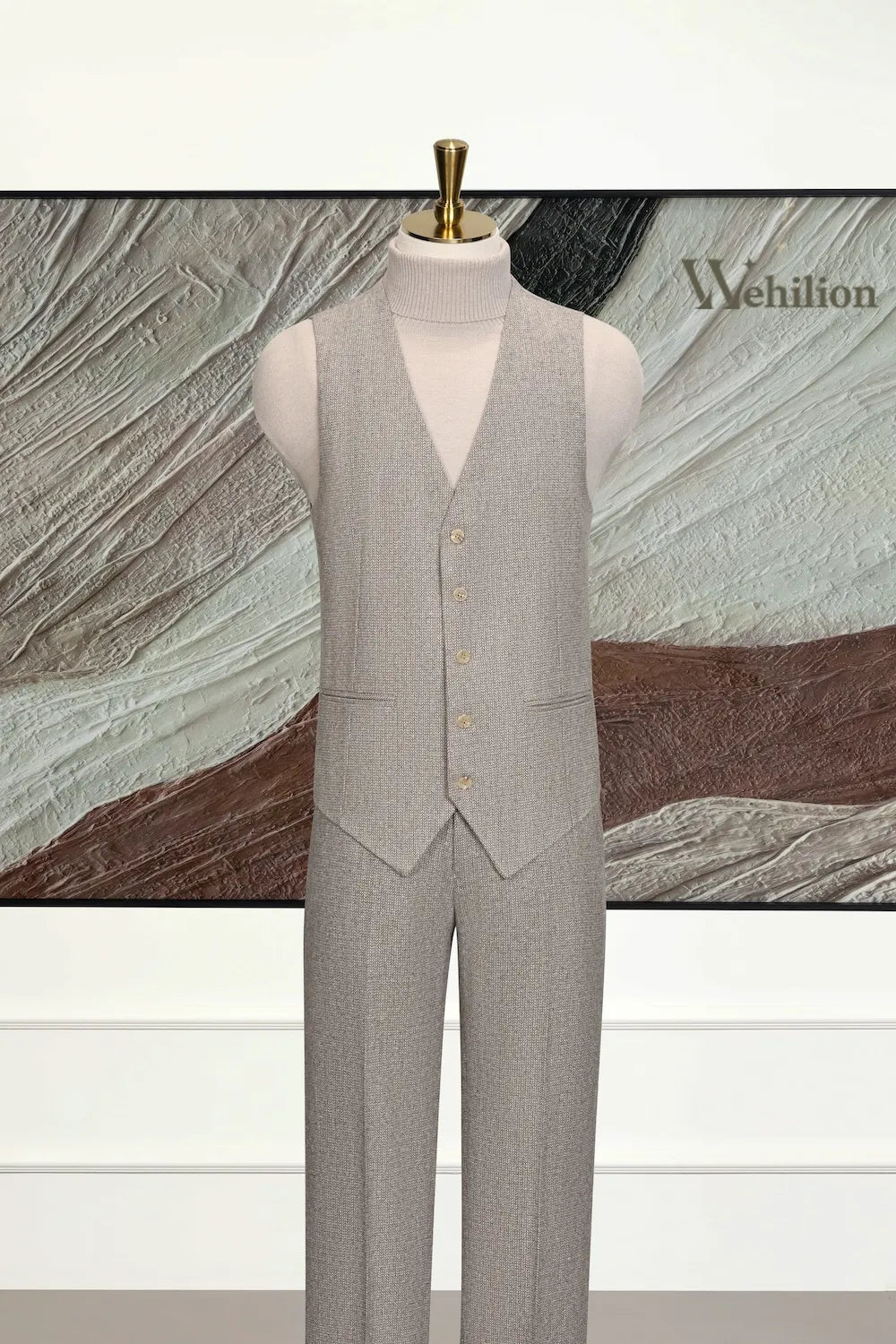 Men's Tailored Double Breasted Herringbone 3 Piece Suit