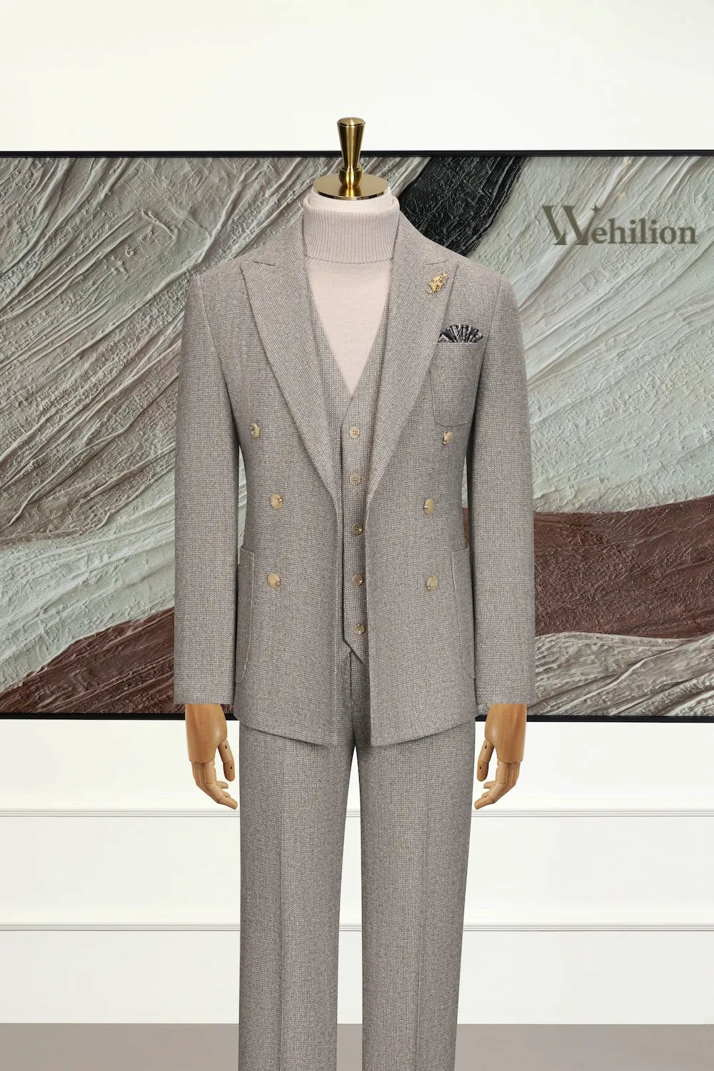 Men's Tailored Double Breasted Herringbone 3 Piece Suit