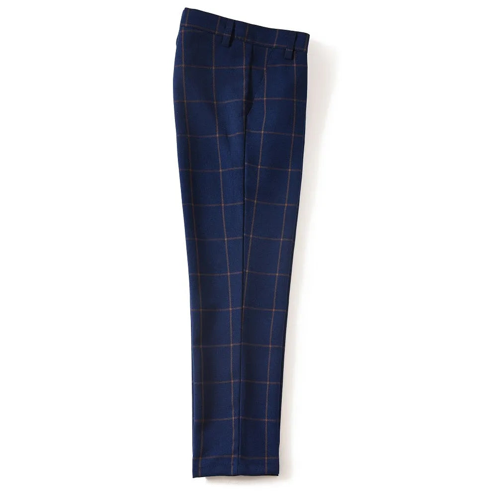 Slim-fit boys plaid pants in navy check pattern for dress occasions
