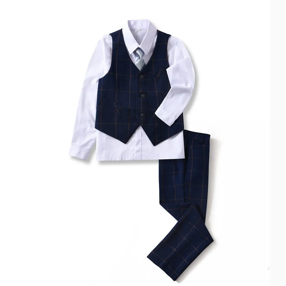 5 piece boys plaid suit set with navy check vest, shirt and tie