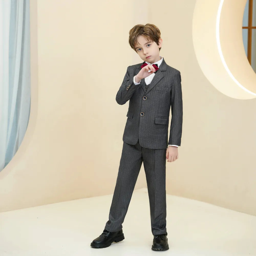 Classic striped boys suit with vest and bow tie – tailored formal outfit for junior groomsman