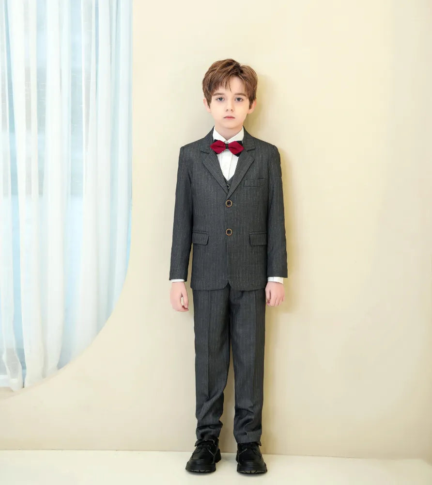 Close-up of boys formal pinstriped blazer – timeless dark grey suit for events