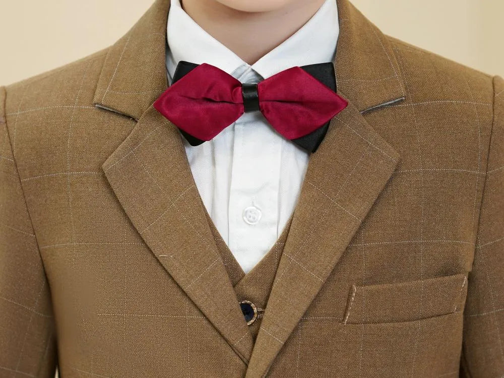 Boys' dark khaki plaid suit: Close-up of red bow tie on checked lapel