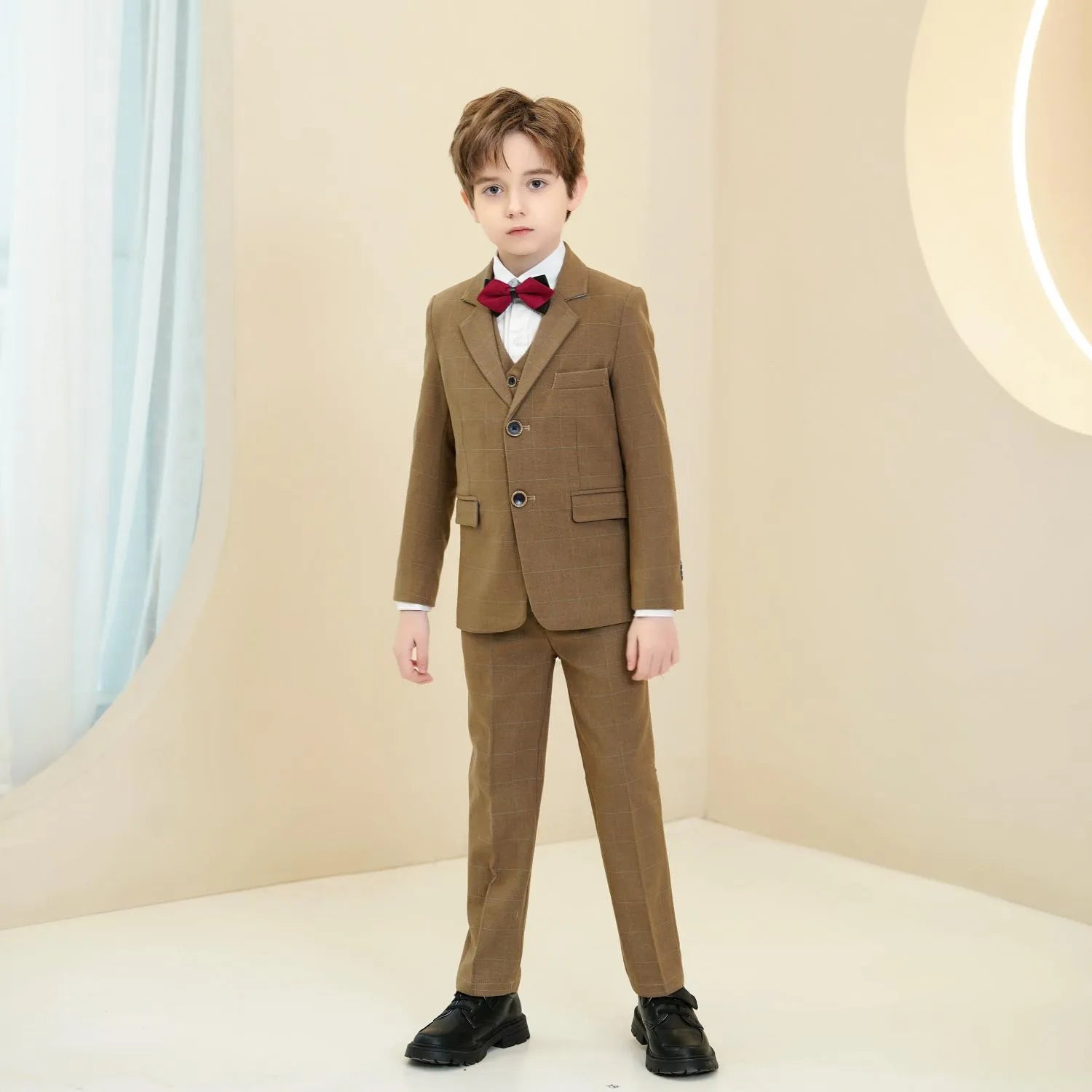 Boys' elegant dark khaki suit: Plaid 5-piece with red bow tie & formal blazer