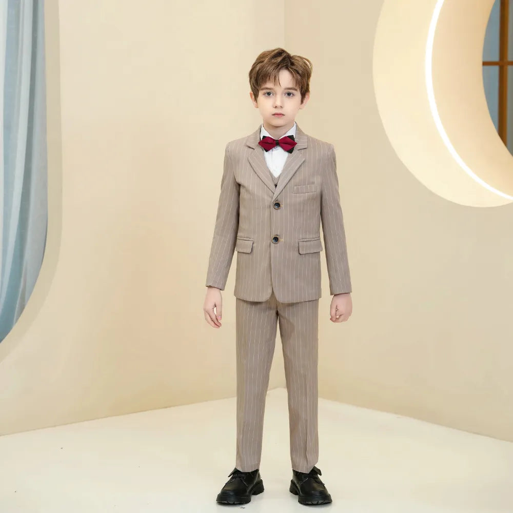 Kids modern striped formal suit set in khaki with two-button blazer for ceremonies