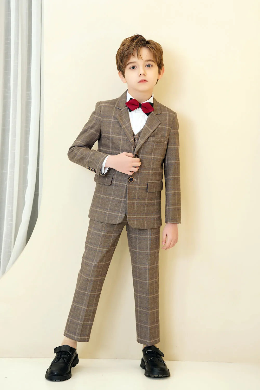 Khaki plaid boys 5-piece suit: Front view with red bow tie & button detail