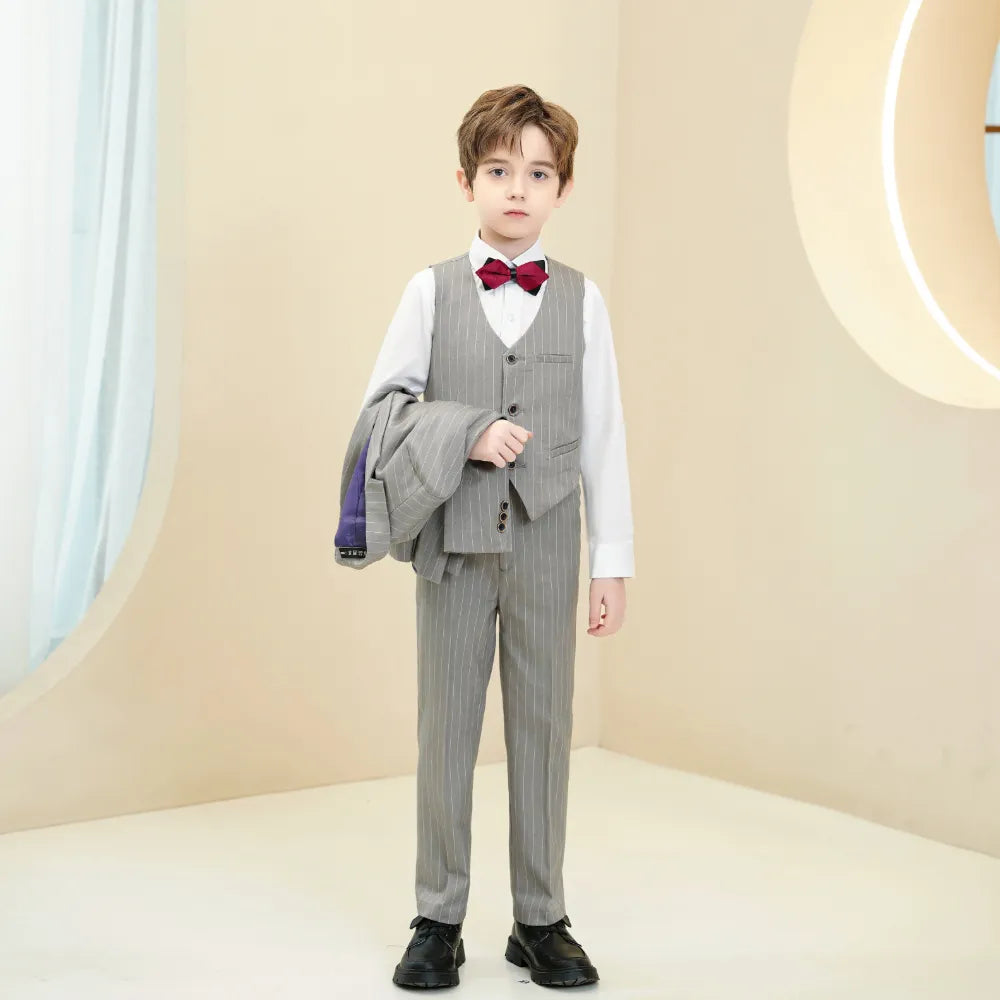 Modern boys pinstripe vest and pants set in light grey with white shirt and bow tie