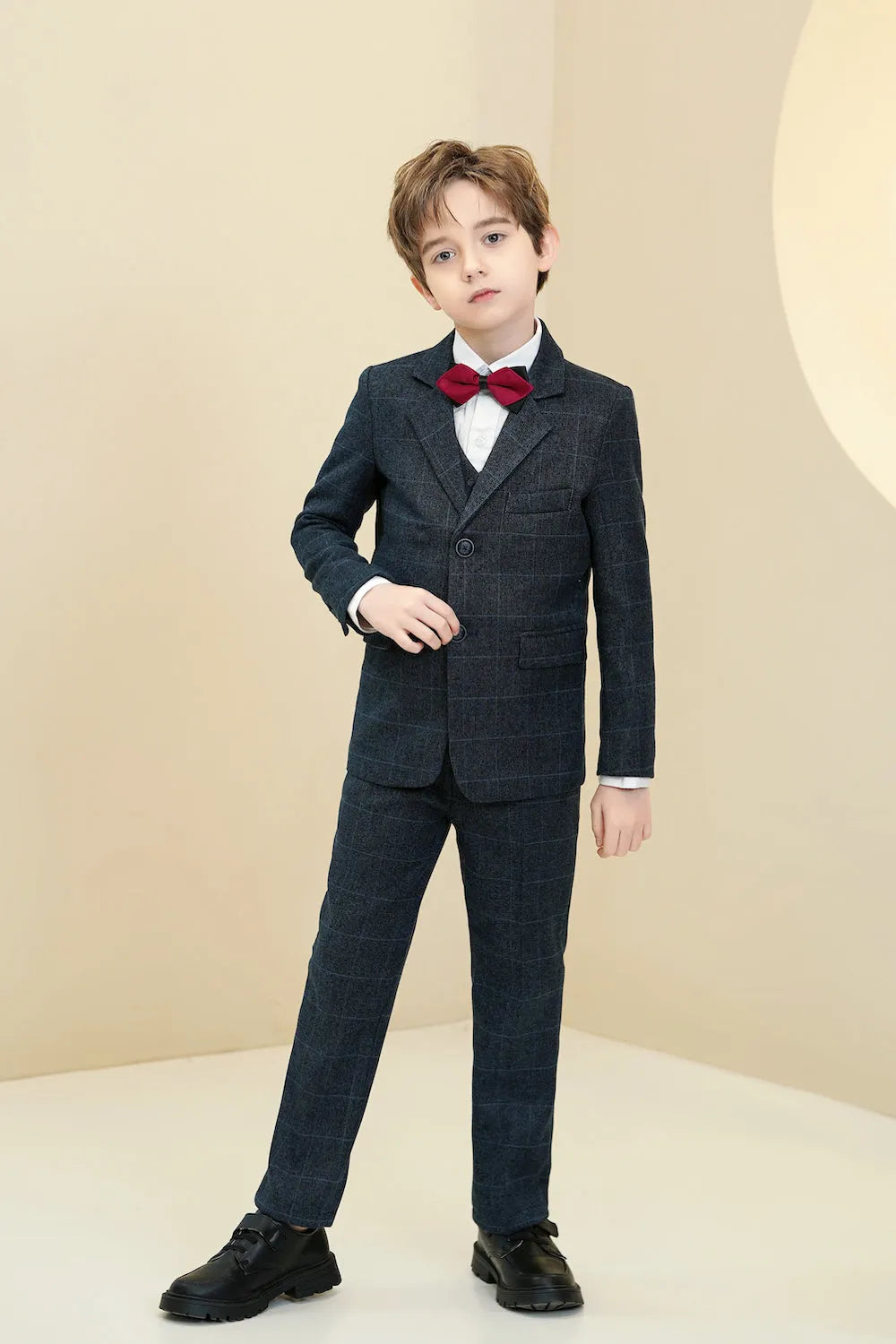Navy plaid boys 5-piece suit: Elegant formal style with red bow tie detail