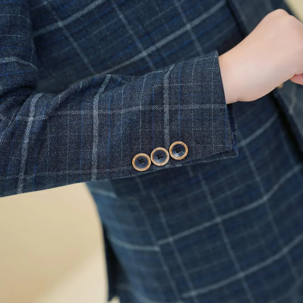 Navy check boys formal suit: Cuff detail with wood-trimmed buttons & plaid fabric