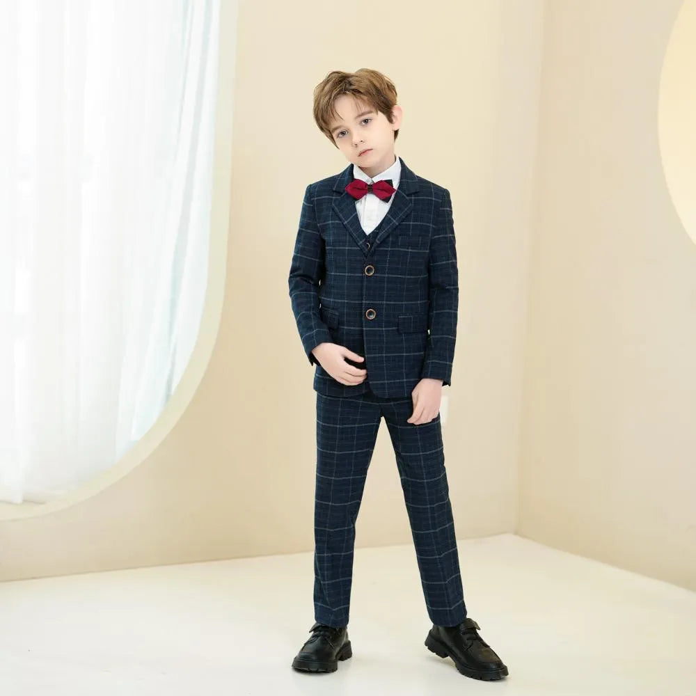 Navy plaid boys formal suit: Slim fit design with red bow tie & modern style