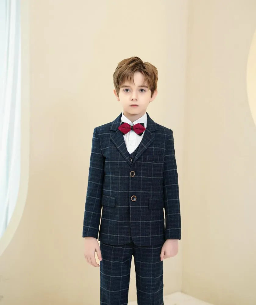 Slim fit navy plaid boys suit: 5-piece modern formal style with red bow tie & checked pattern