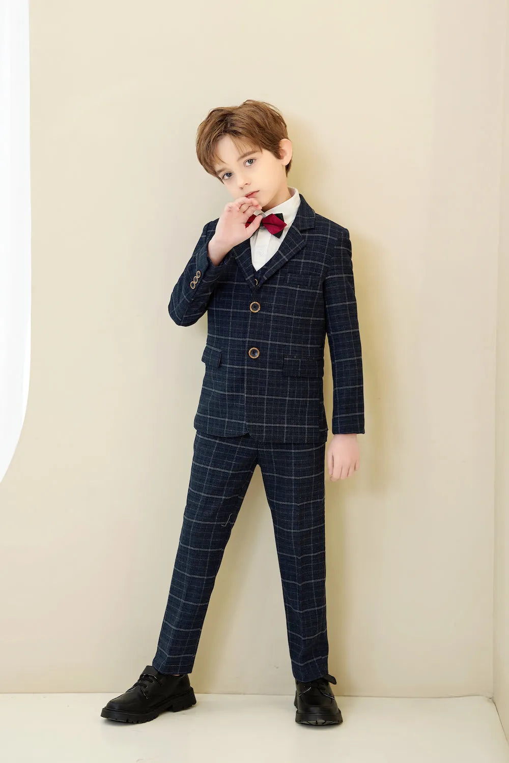 Slim fit navy plaid boys 5-piece suit: Modern formal style with red bow tie