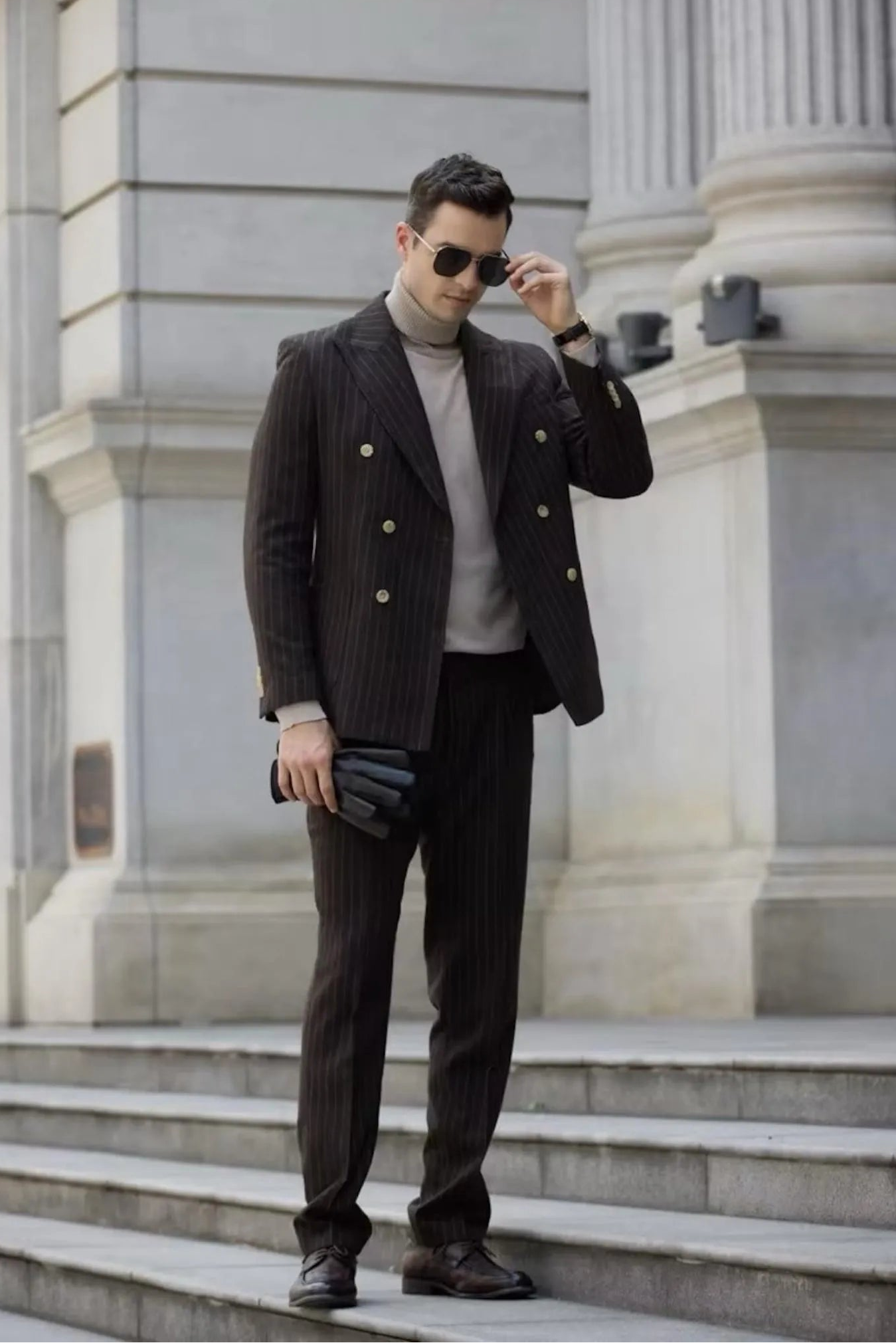 Full view of men's coffee herringbone chalk stripe double-breasted suit – featuring a stylish formal look for professional settings.