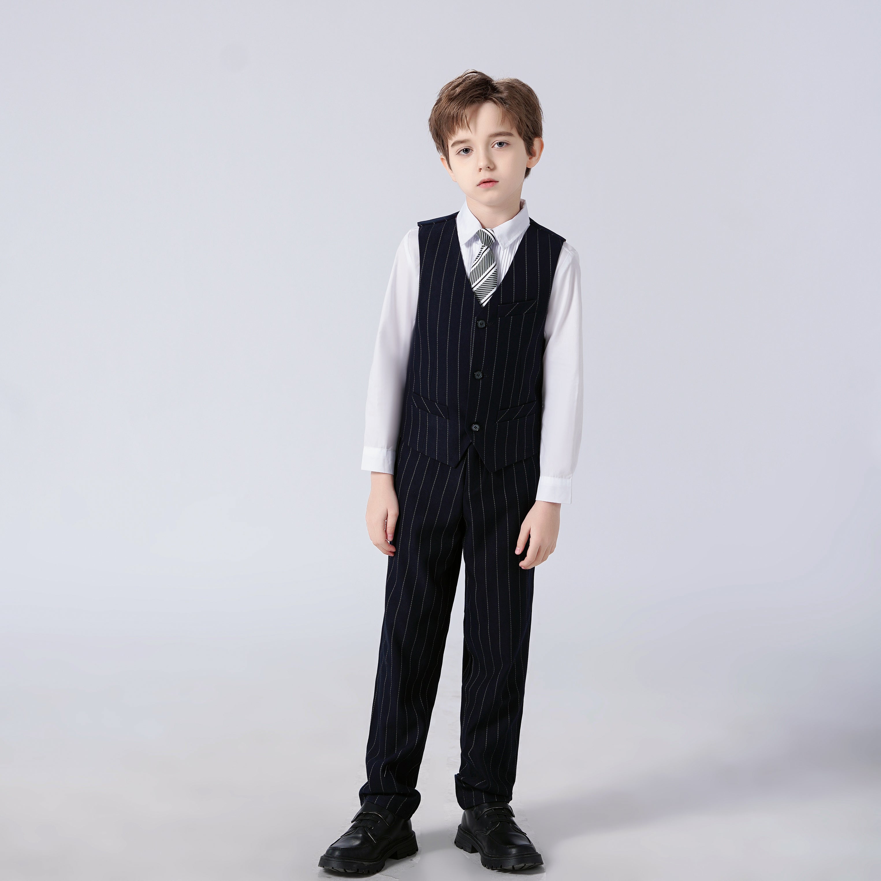 Black pinstripe modern 4-piece boys' formal suit: Vest, pants, shirt & tie for prom & weddings