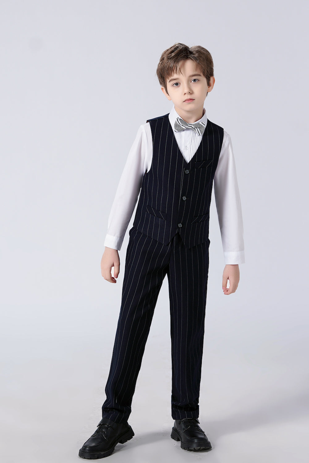 Boys' black pinstripe 4-piece formal suit - modern slim fit vest, pants, shirt & bowtie for weddings, proms