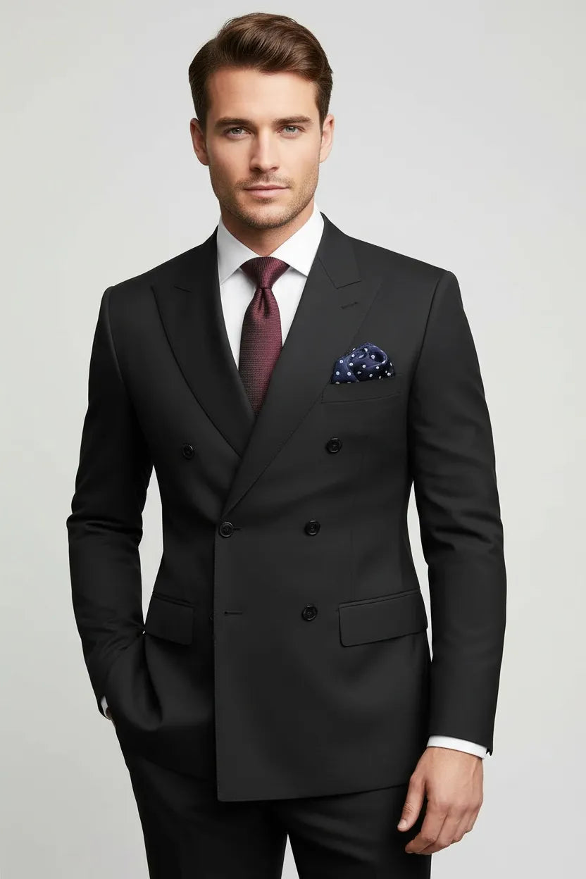 Men's Black Double-Breasted 2 Piece Suit