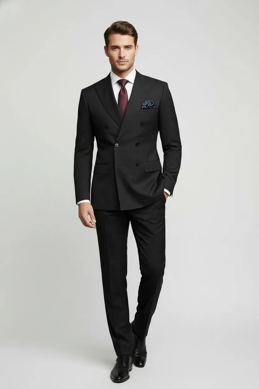 Men's Black Double-Breasted 2 Piece Suit