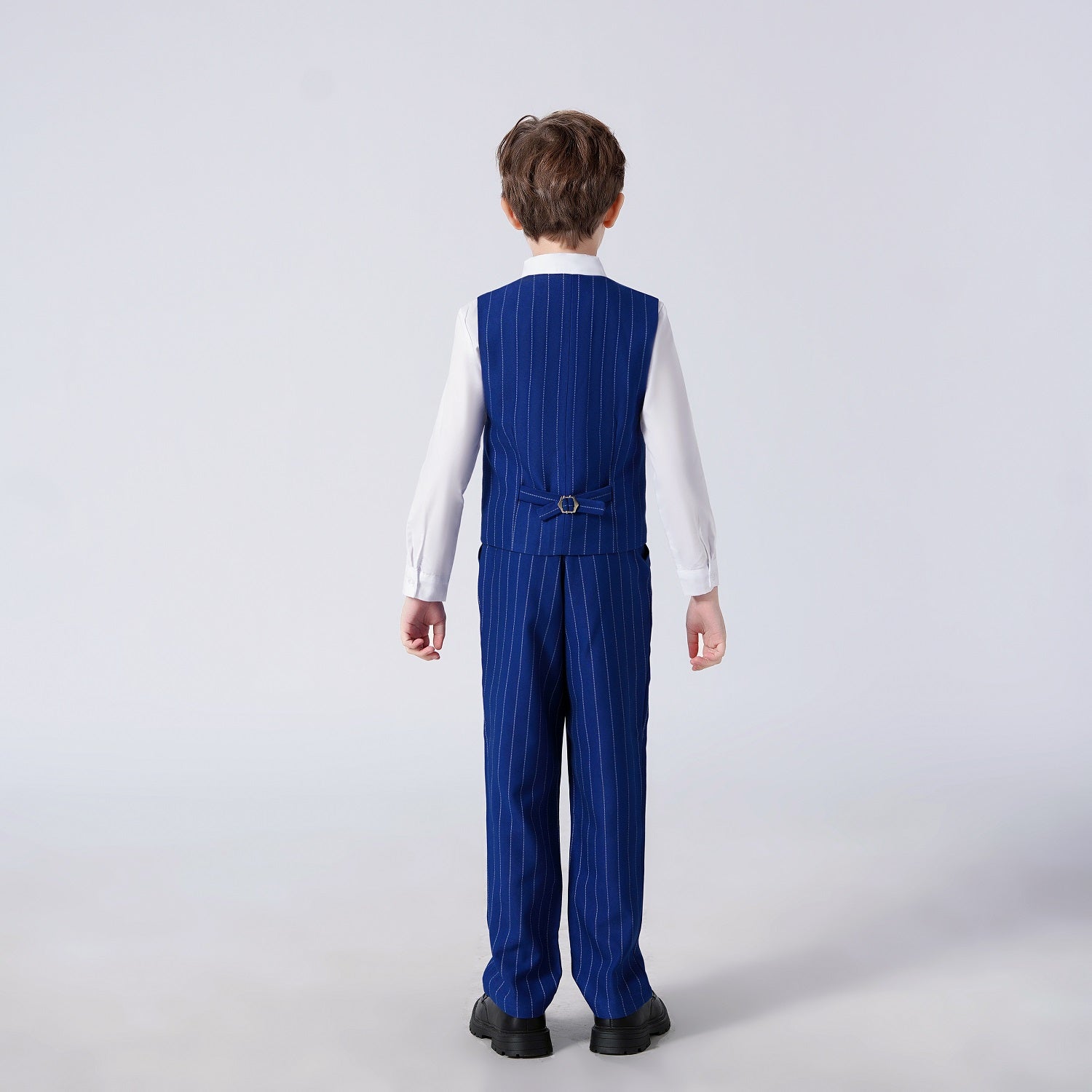 Back view of boys pinstripe vest and pants set – adjustable belt detail on formal suit