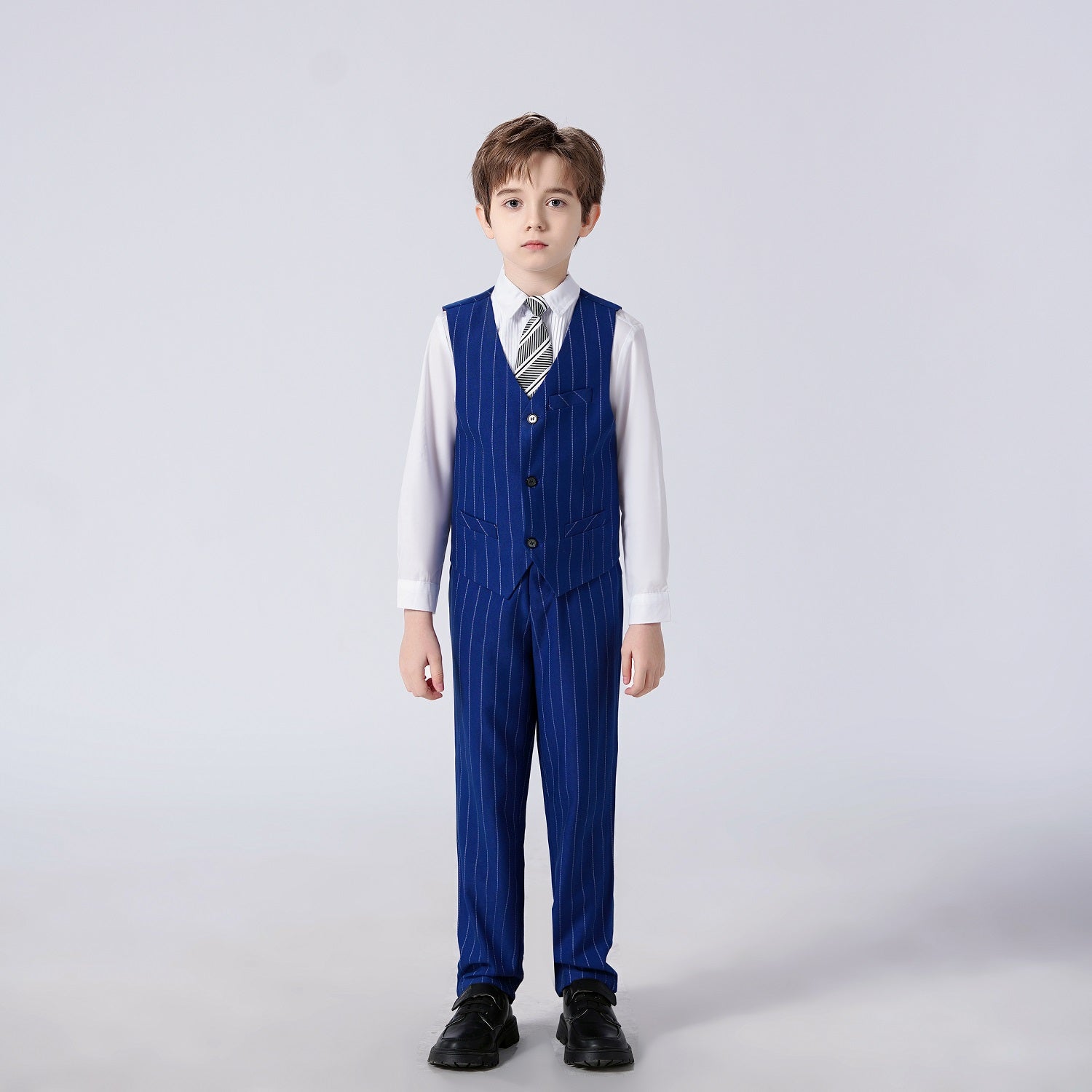 Full-length formal boys outfit in royal blue stripes – slim fit vest, pants, tie and shirt