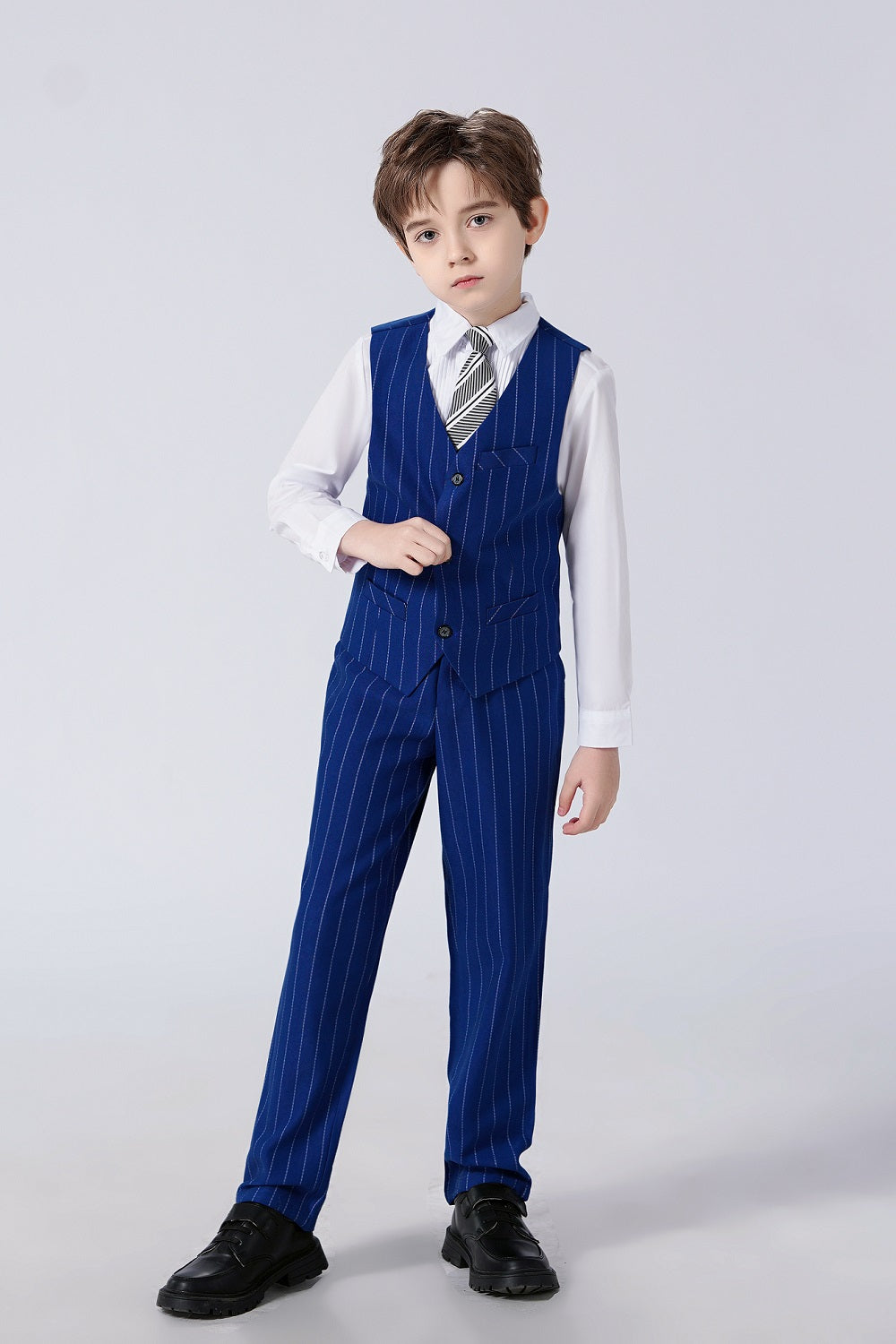 Royal blue pinstripe boys suit with vest and pants – formal slim fit outfit with white shirt and striped tie