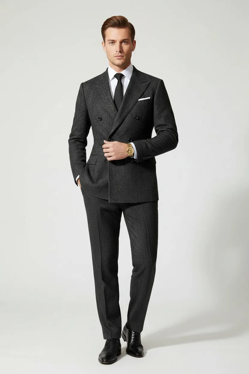 Men's Double-Breasted Herringbone 2 Piece Suit