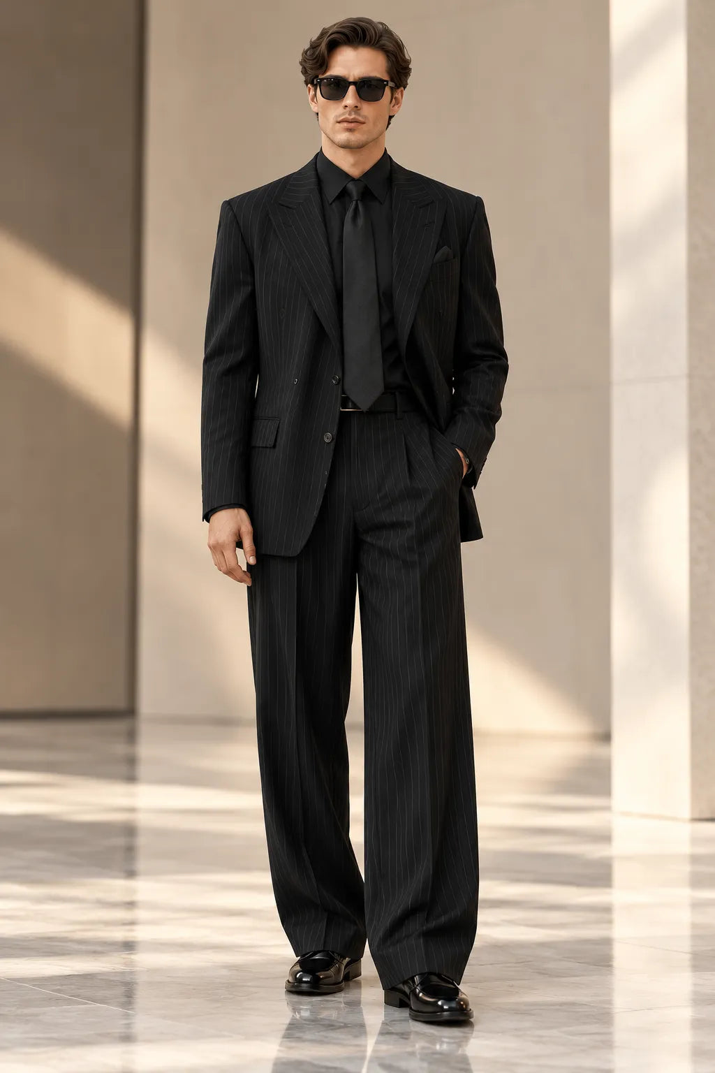 Men's Black Pinstripe Wide Leg 2 Piece Suit