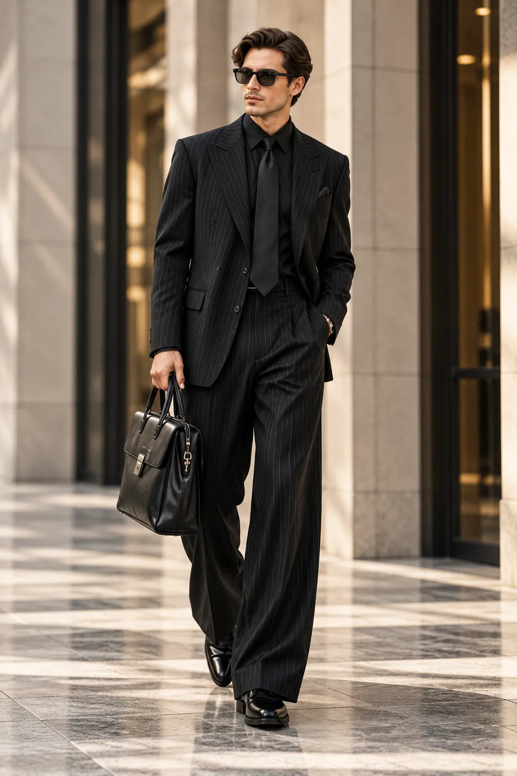 Men's Black Pinstripe Wide Leg 2 Piece Suit