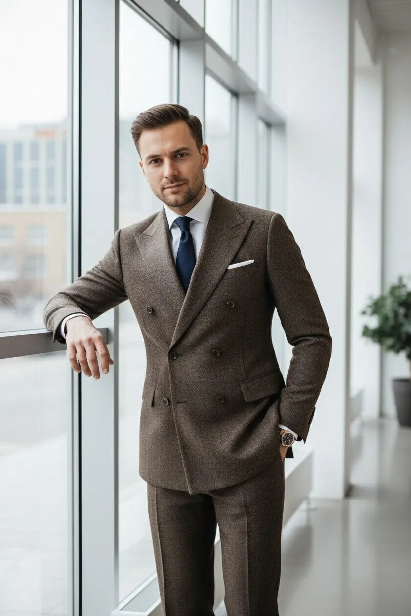 Men's Double-Breasted Herringbone 2 Piece Suit