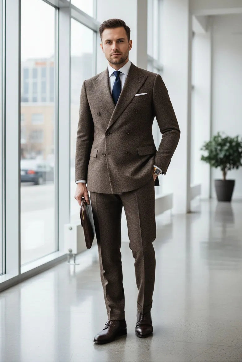 Men's Double-Breasted Herringbone 2 Piece Suit
