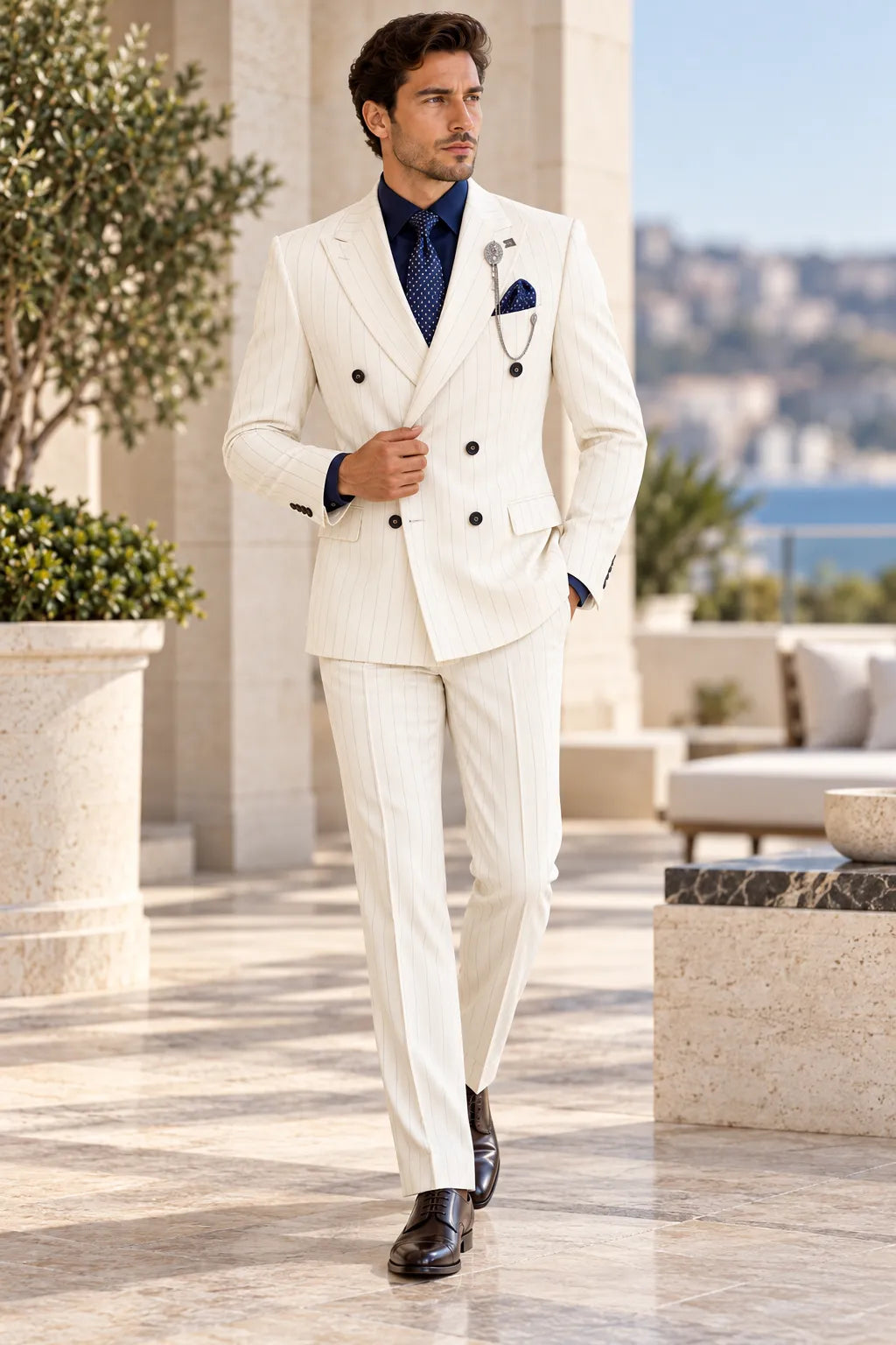 Men's Modern Cream Pinstripe Double Breasted 2 Piece Suit