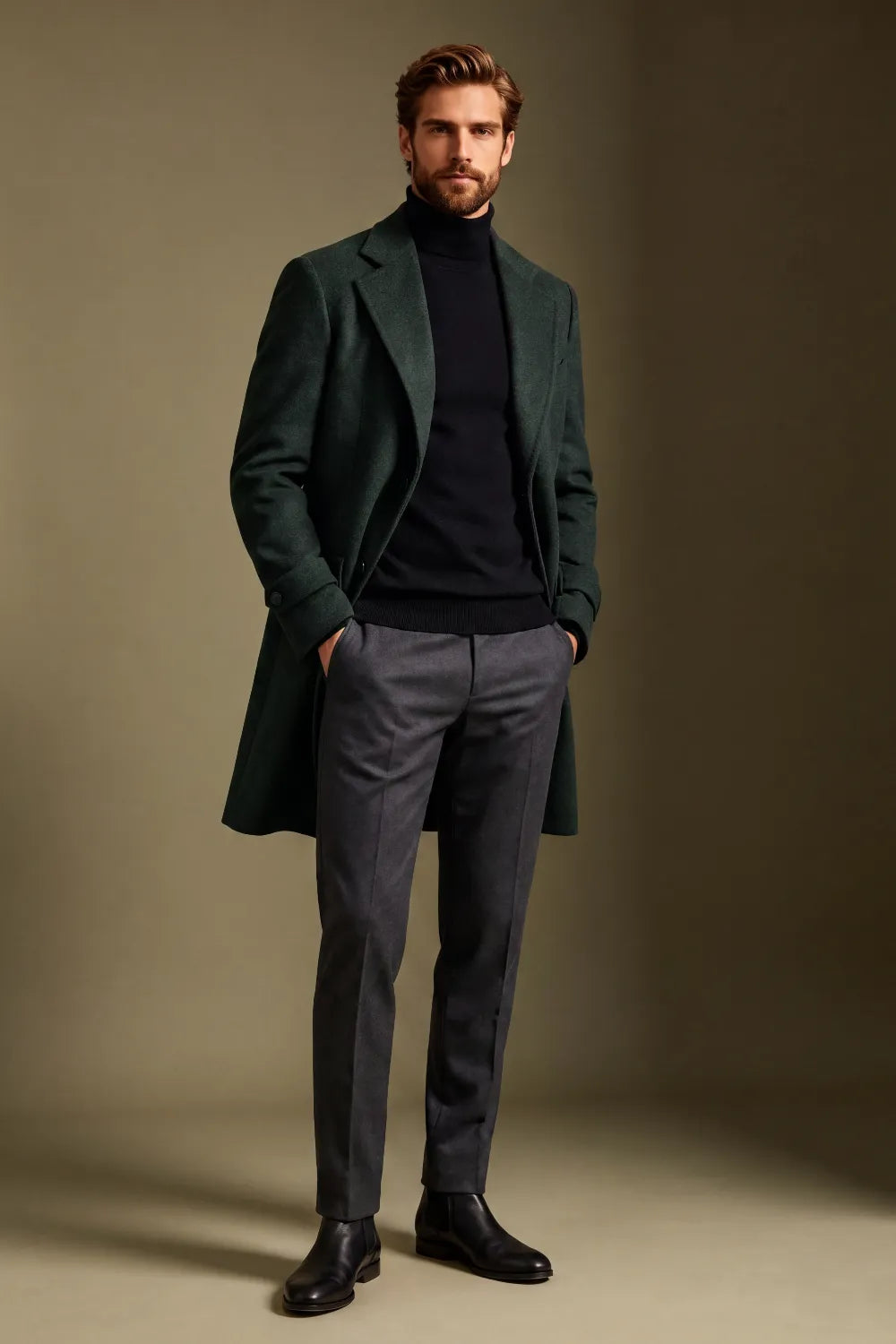 Men's Dark Forest Green Single Breasted Wool Blend Overcoat