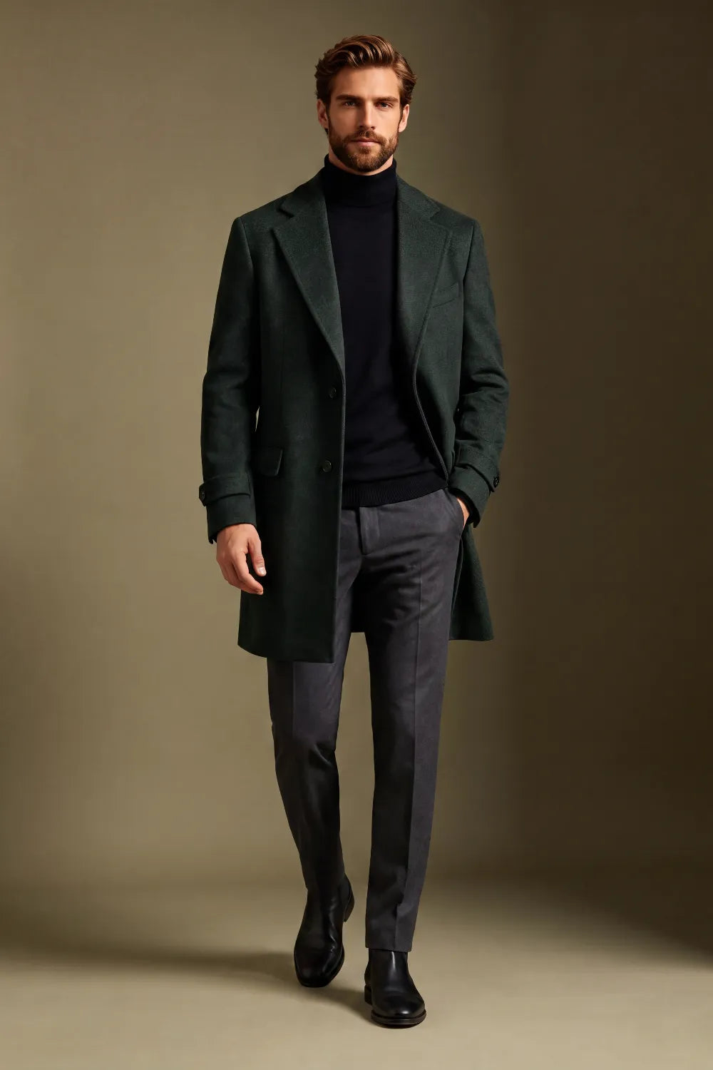 Men's Dark Forest Green Single Breasted Wool Blend Overcoat