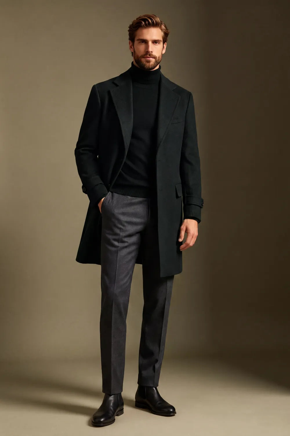 Men's Dark Forest Green Single Breasted Wool Blend Overcoat