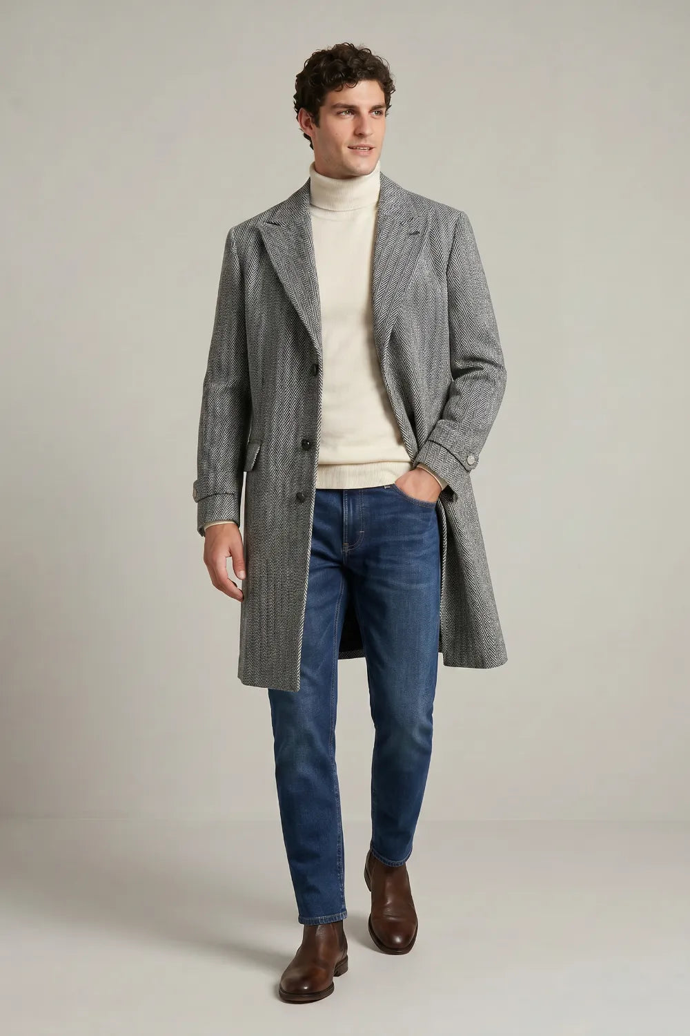 Men's Grey Herringbone Wool Blend Overcoat