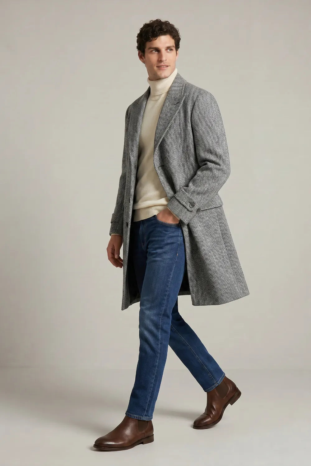 Men's Grey Herringbone Wool Blend Overcoat