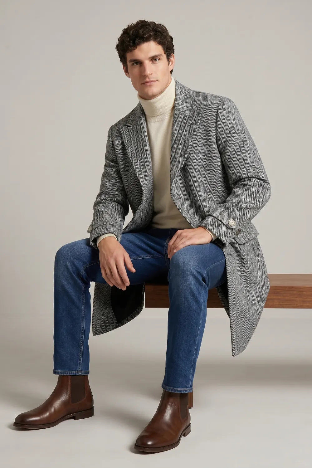 Men's Grey Herringbone Wool Blend Overcoat