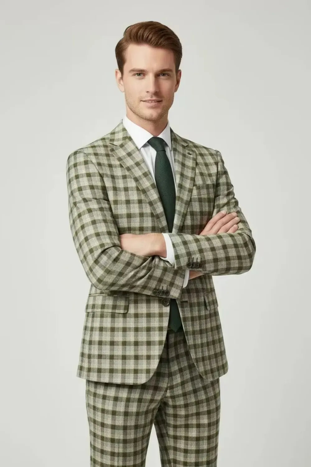 Men's Green Plaid Slim Fit 2 Piece Suit