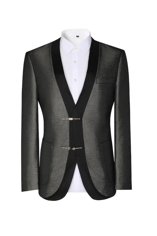 Black oriental collar 2 piece men’s suit jacket with hook closure – modern formal party wear